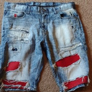Jordan Craig jean shorts distressed denim and patc